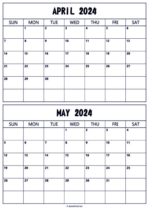 April May 2024 Calendar Templates - SpootViral