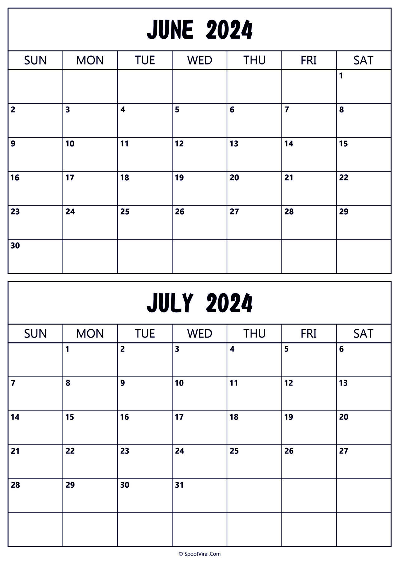 June July 2024 Calendar Templates - SpootViral