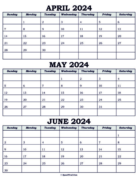 April To June 2024 Calendar Templates - SpootViral