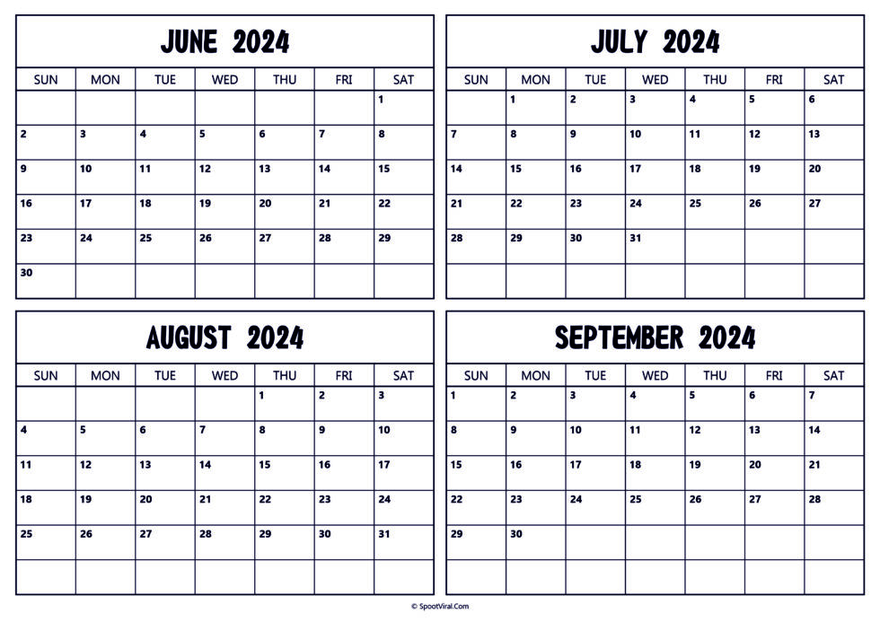 June To September 2024 Calendar Templates- SpootViral