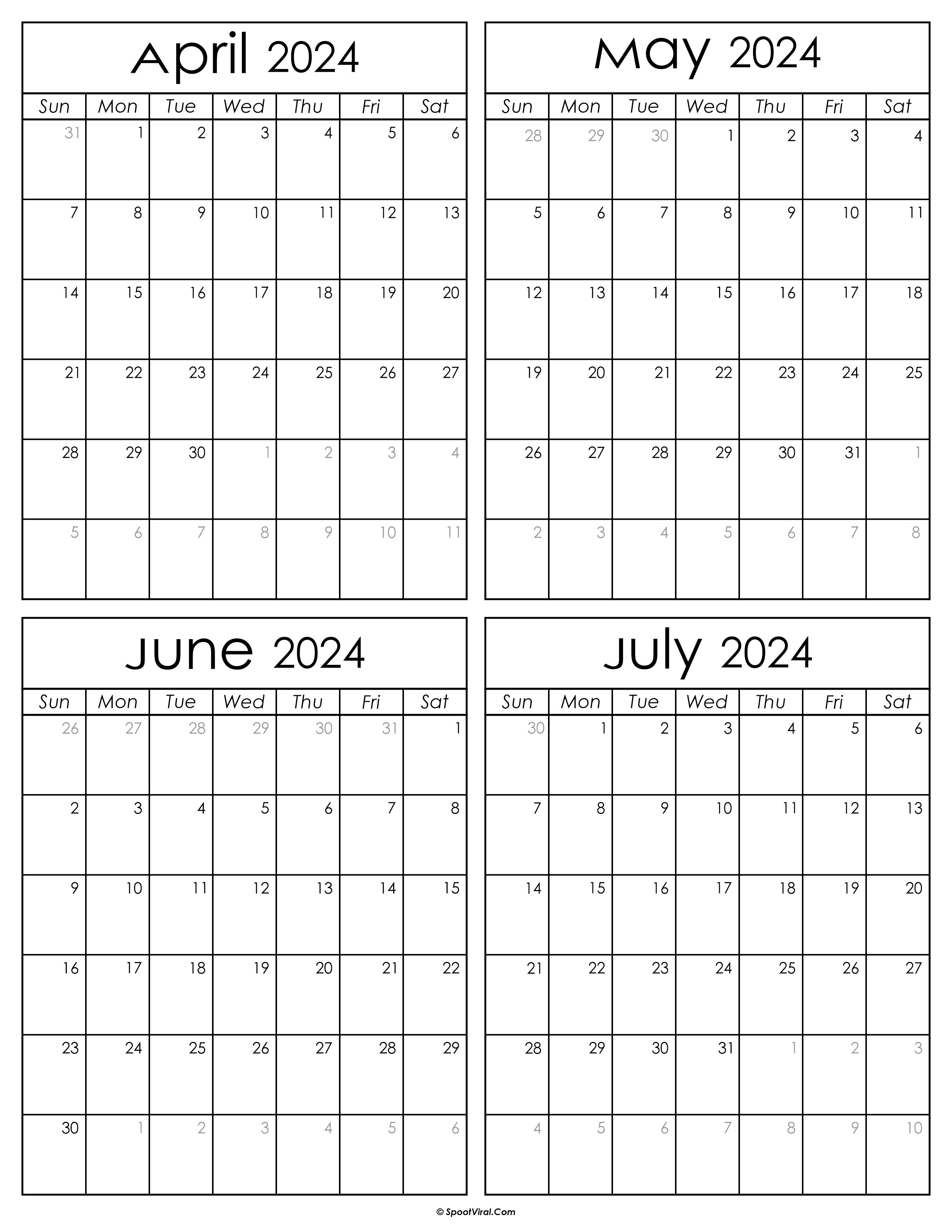 Printable April to July 2024 Calendars