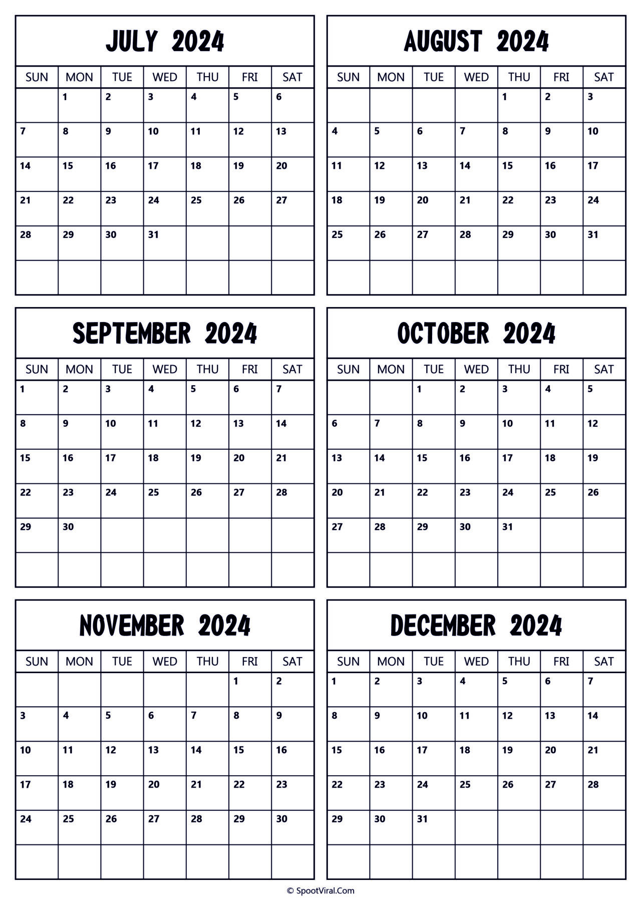 July to December 2024 Calendar Templates