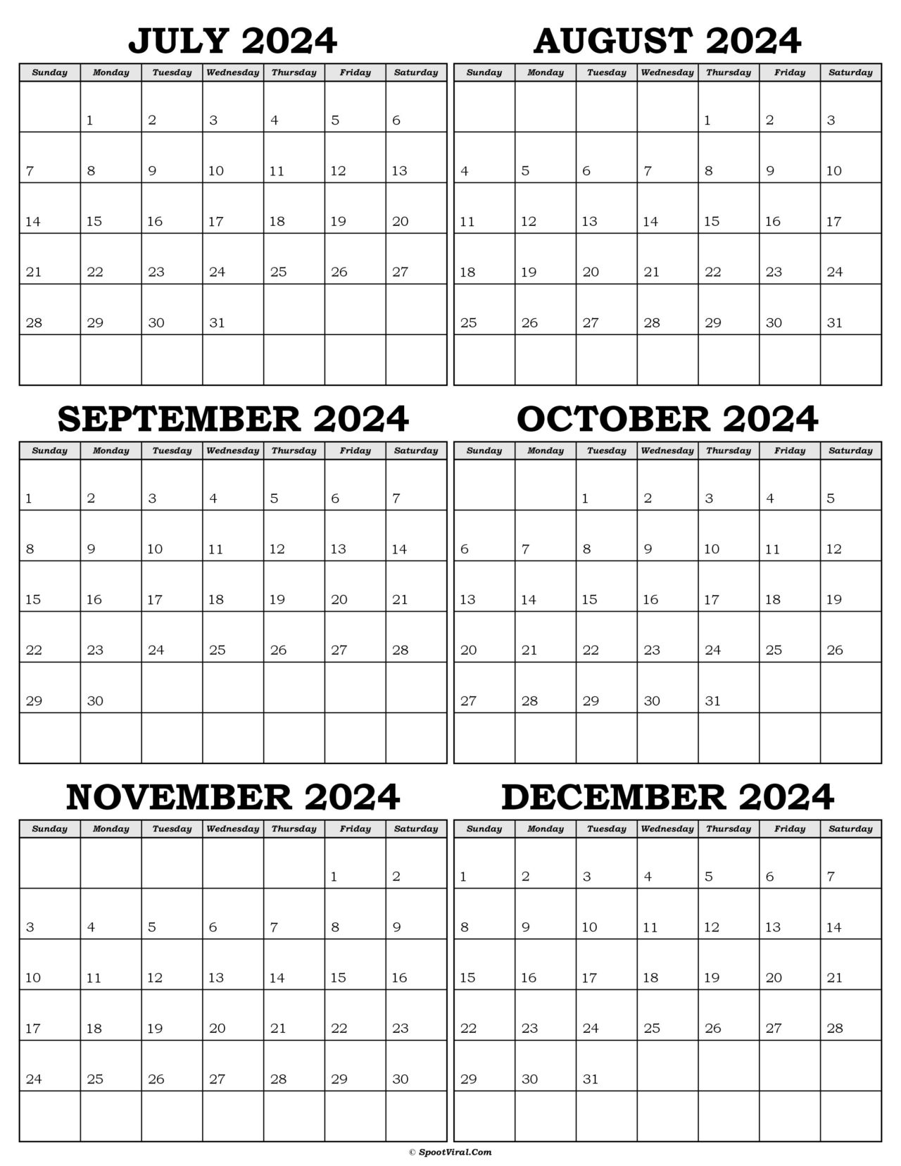 July to December 2024 Calendar Templates