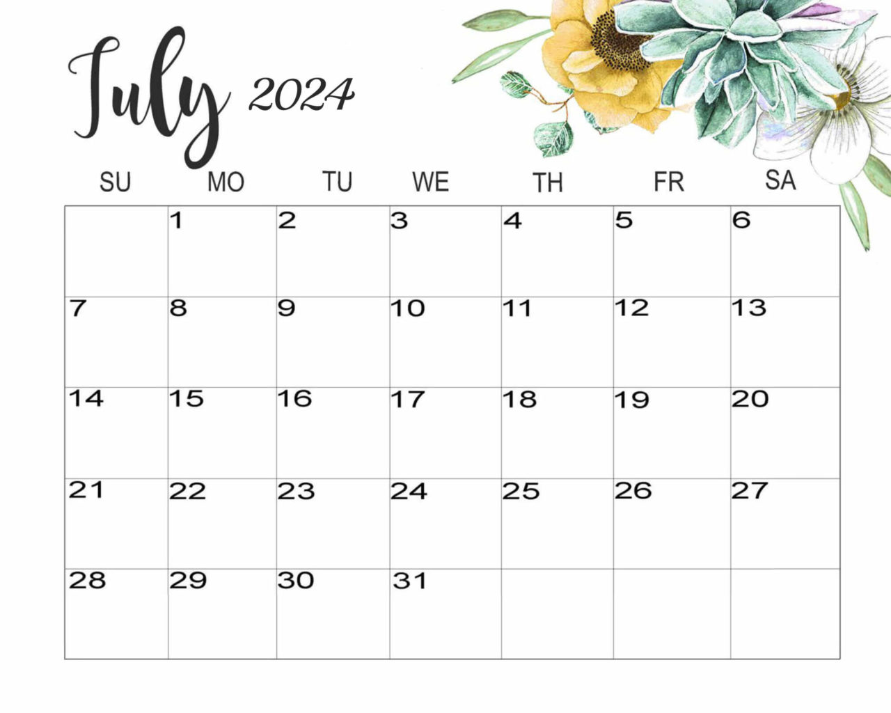 Floral July 2024 Calendar Cute