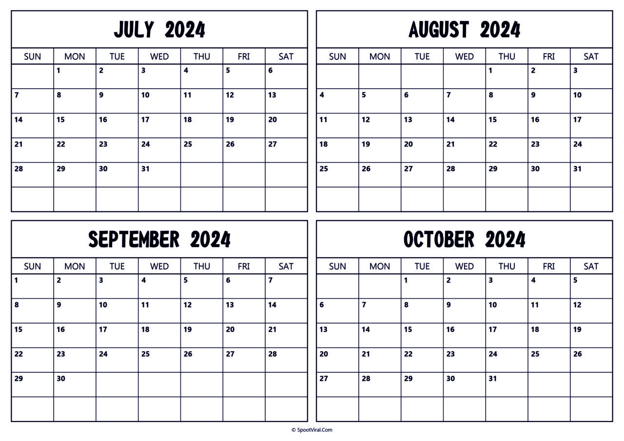 July To October 2024 Calendar Templates