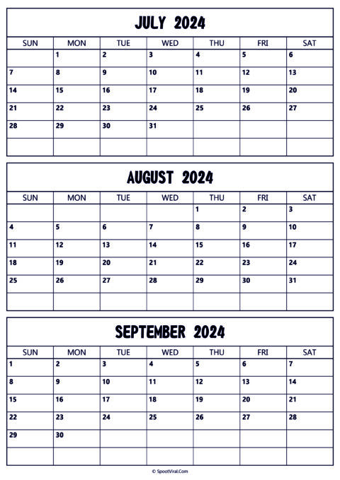 July To September 2024 Calendar Templates - SpootViral