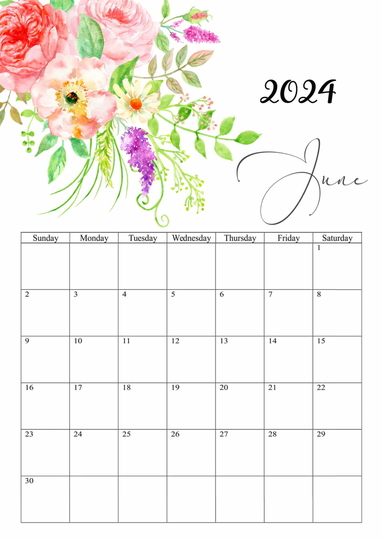 Floral June 2024 Calendar Cute Latest Calendar Printable Templates