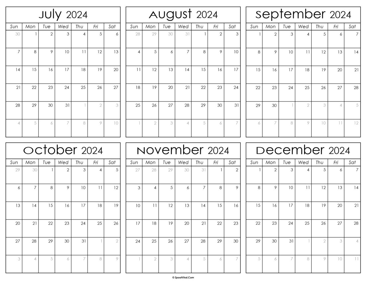 July to December 2024 Calendar Templates