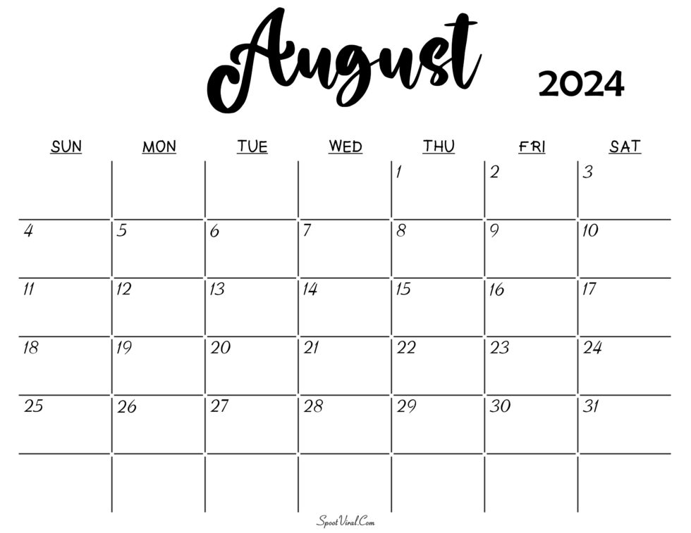 Free August 2024 Calendar Printable