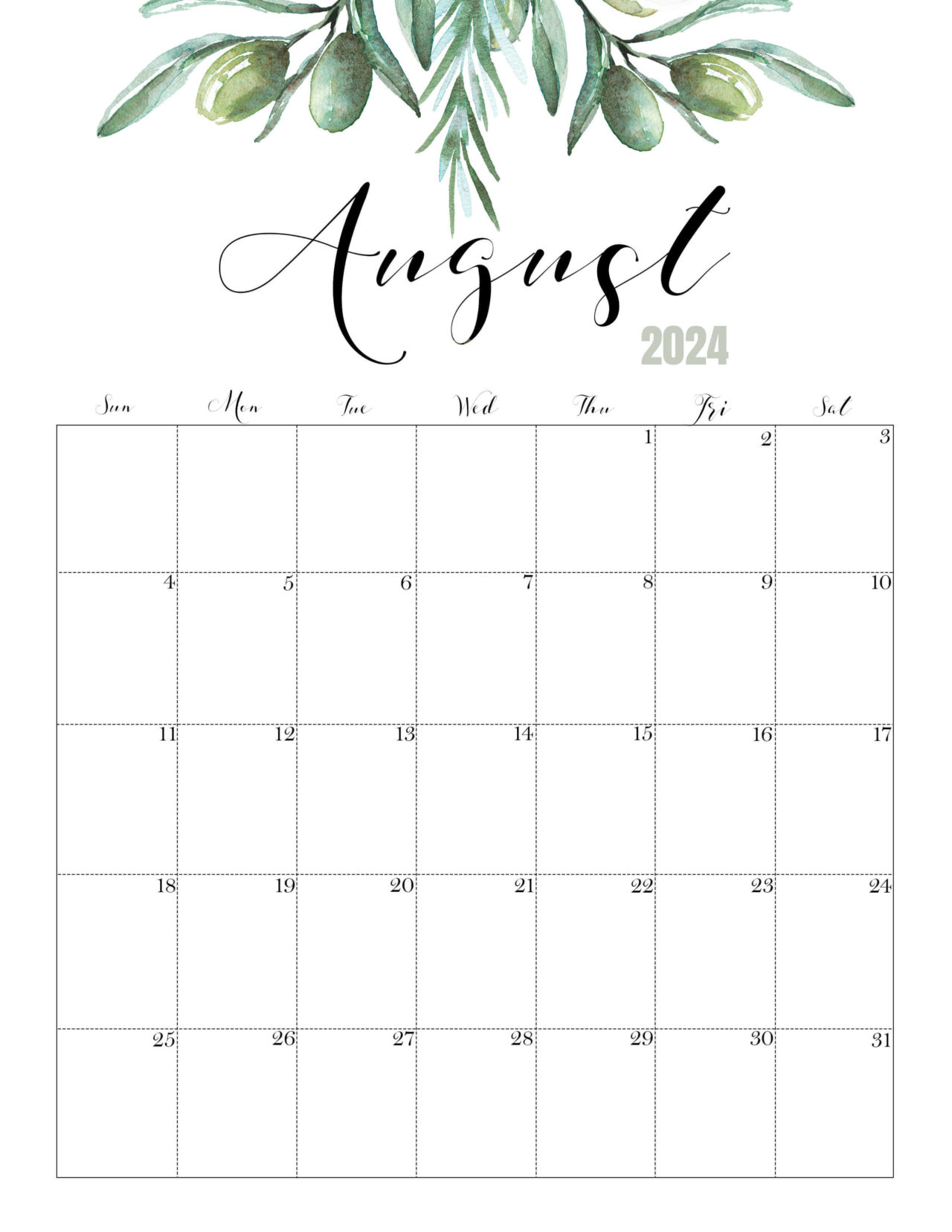 Floral August 2024 Calendar Cute