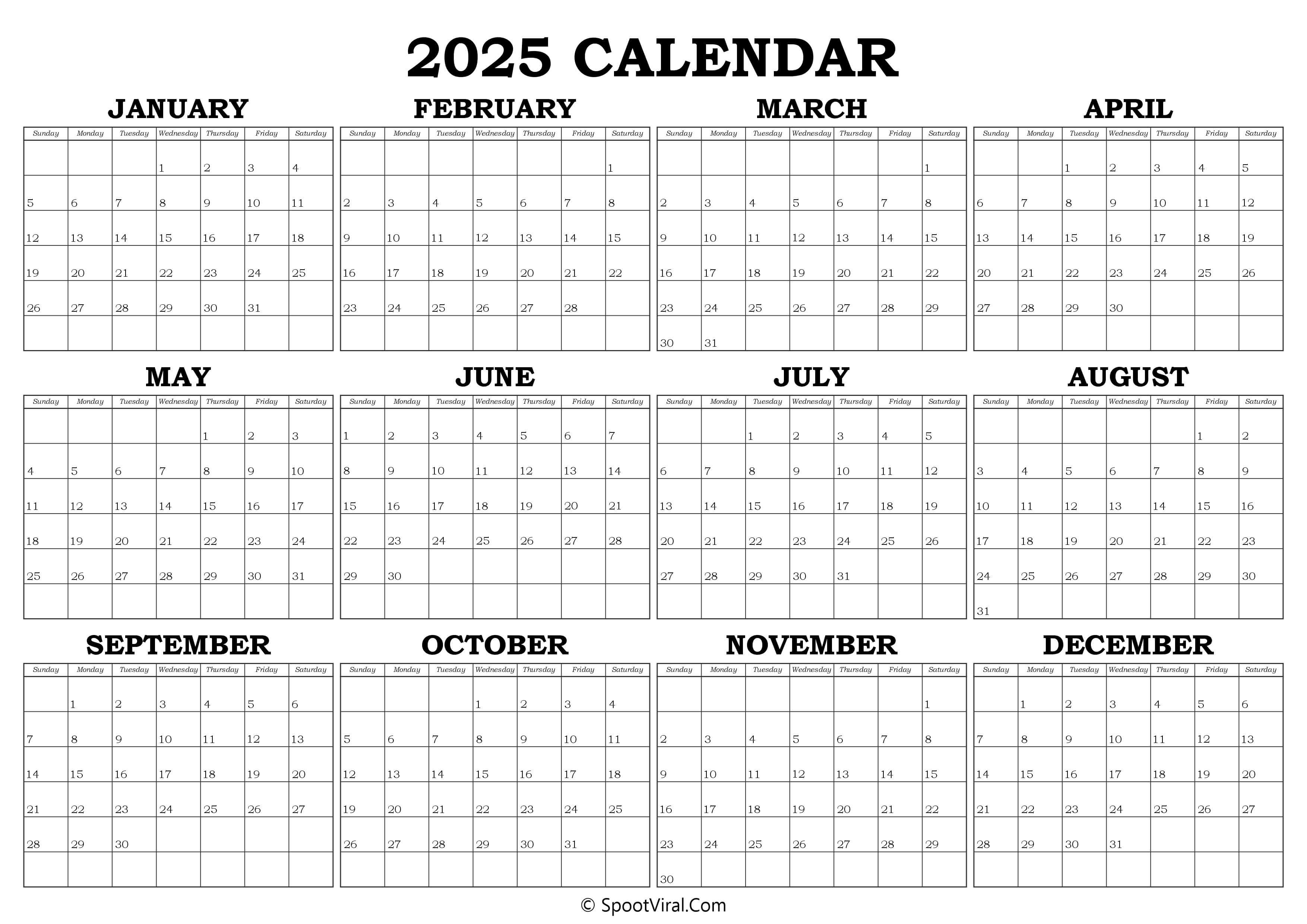 Printable 2025 Yearly Calender