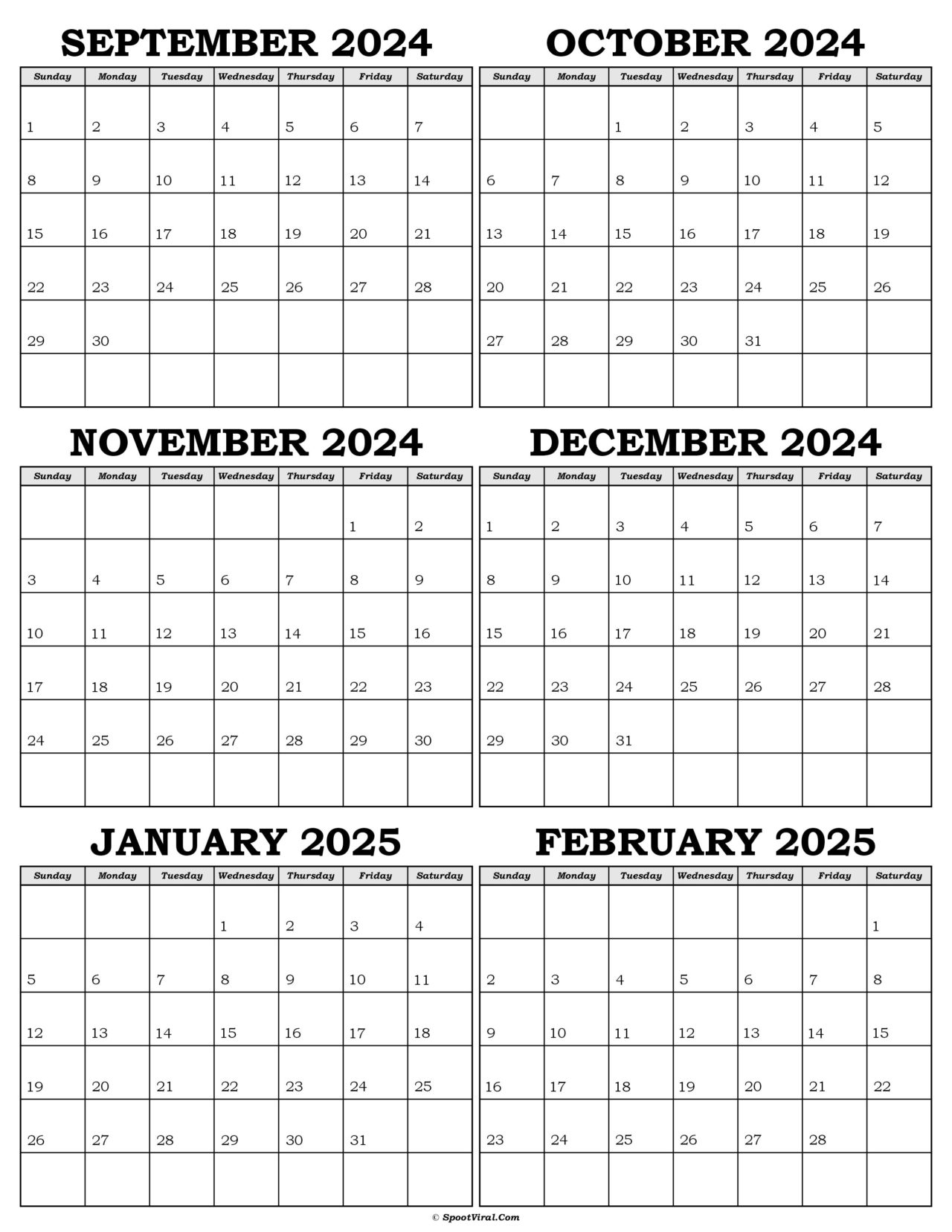 September 2024 To February 2025 Calendar Templates - SpootViral