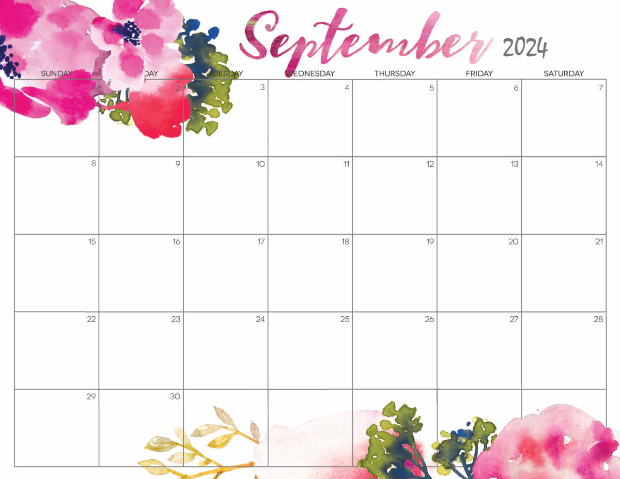 Floral September 2024 Calendar Cute