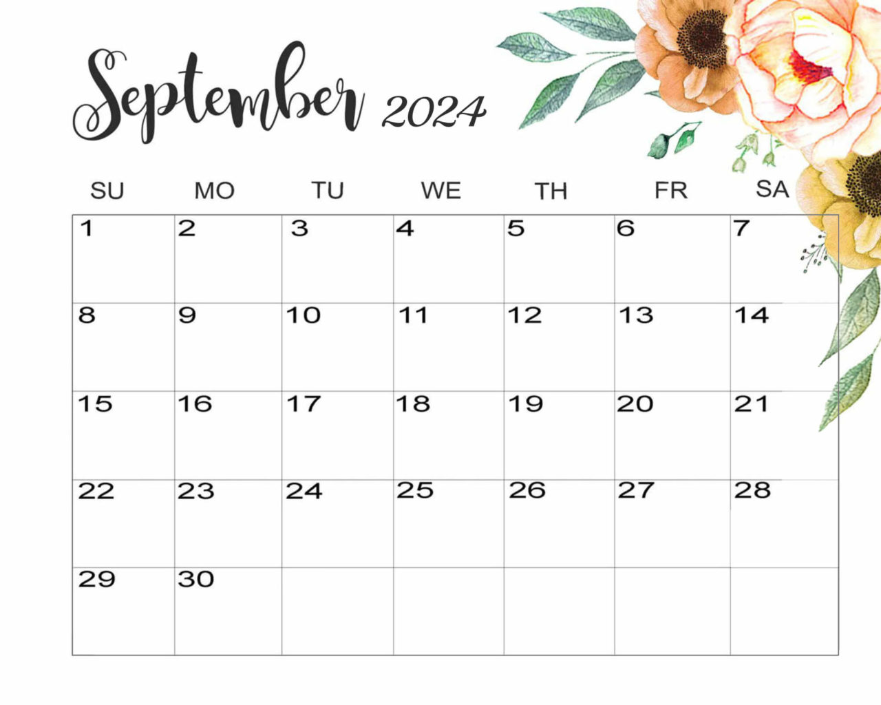 Floral September 2024 Calendar Cute