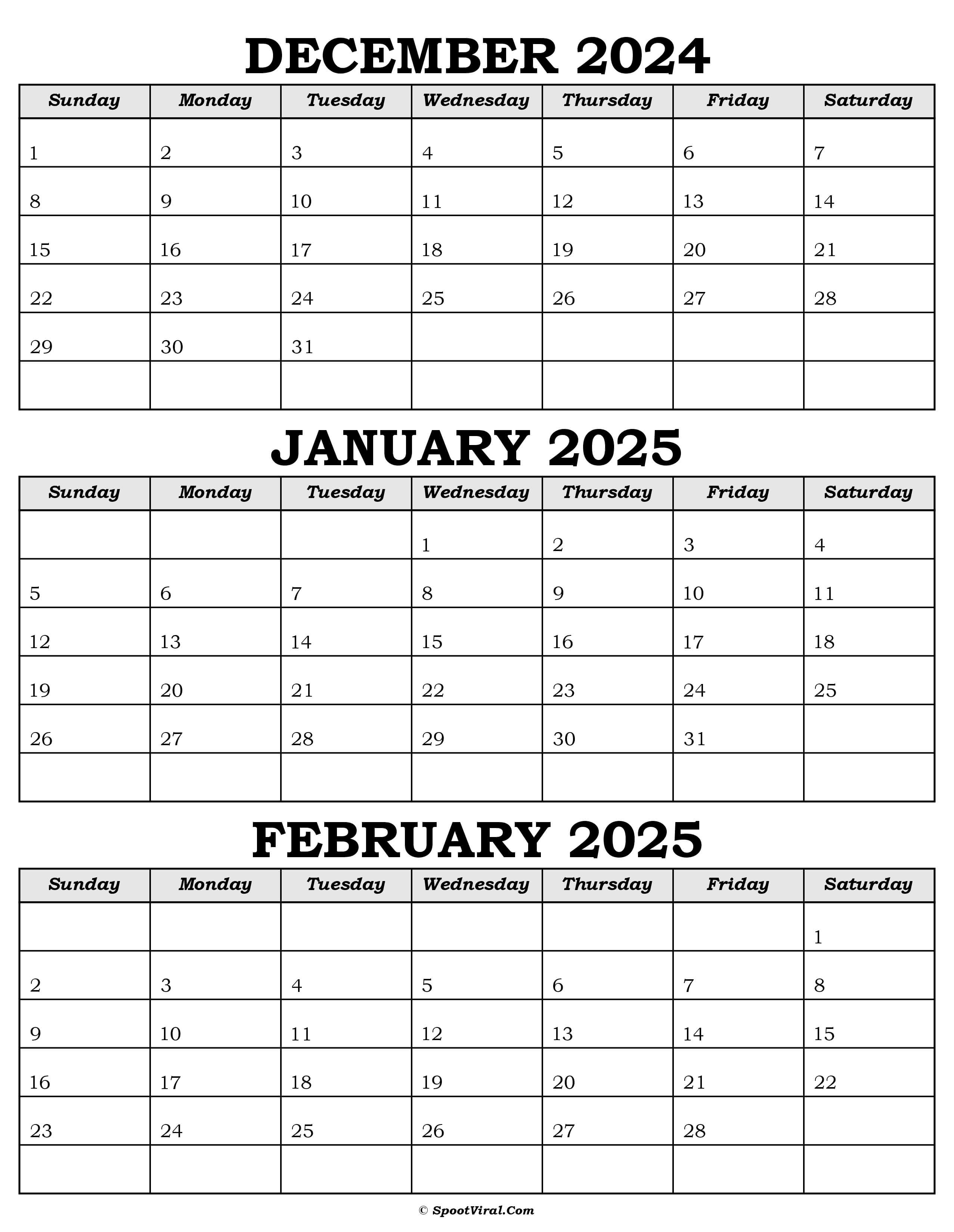 Printable Calendar December 2025 January 2025 February 2025 Calendar 2025