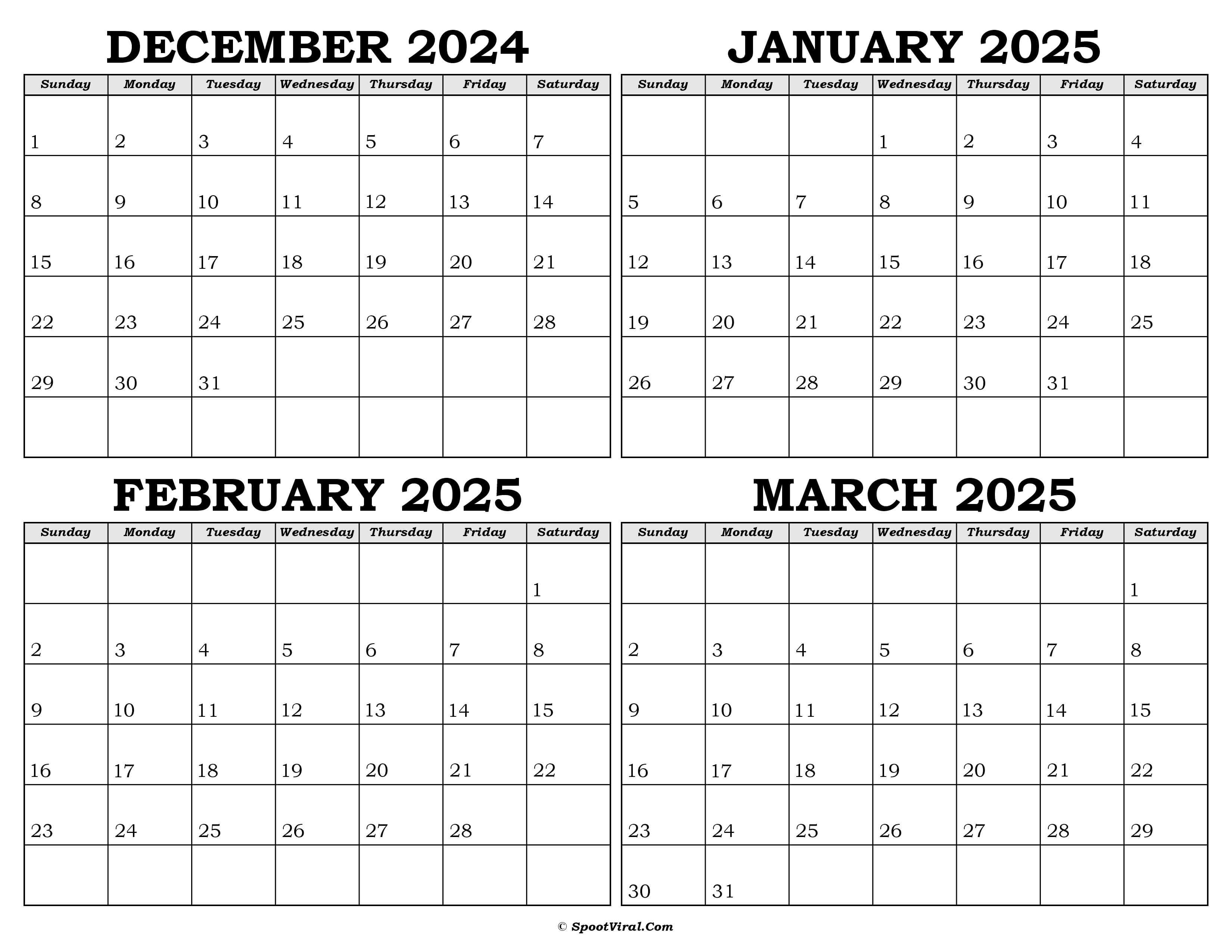 Calendar December 2024 to March 2025