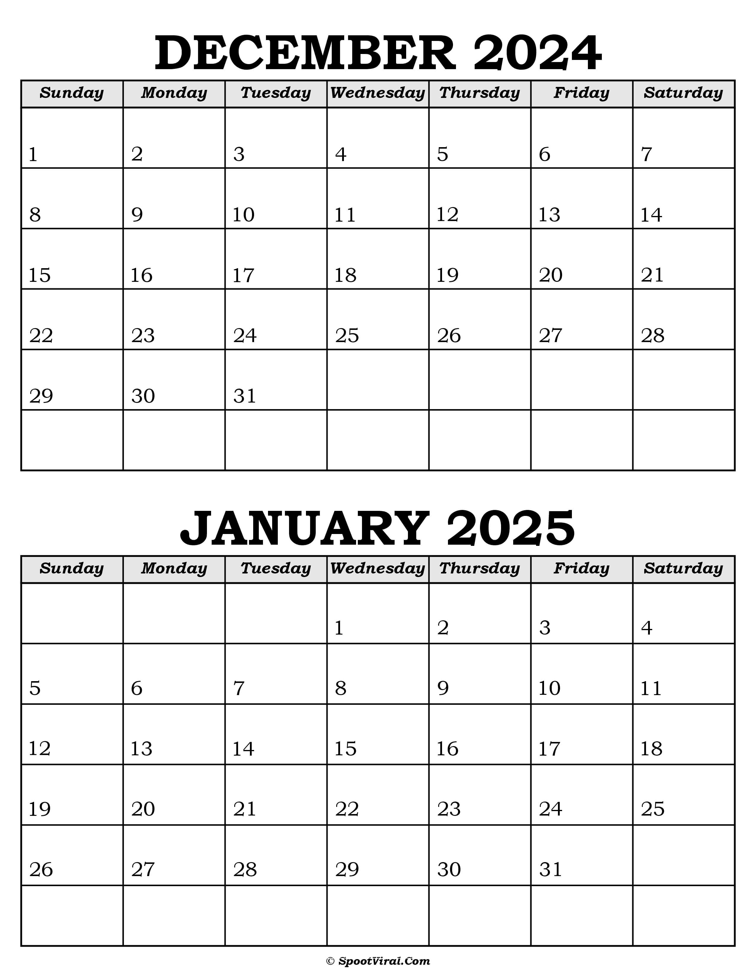 December 2024 January 2025 Calendar Templates - SpootViral