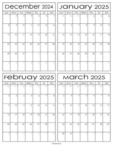 Printable December 2024 to March 2025 Calendars