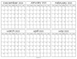 Printable December 2024 to May 2025 Calendar