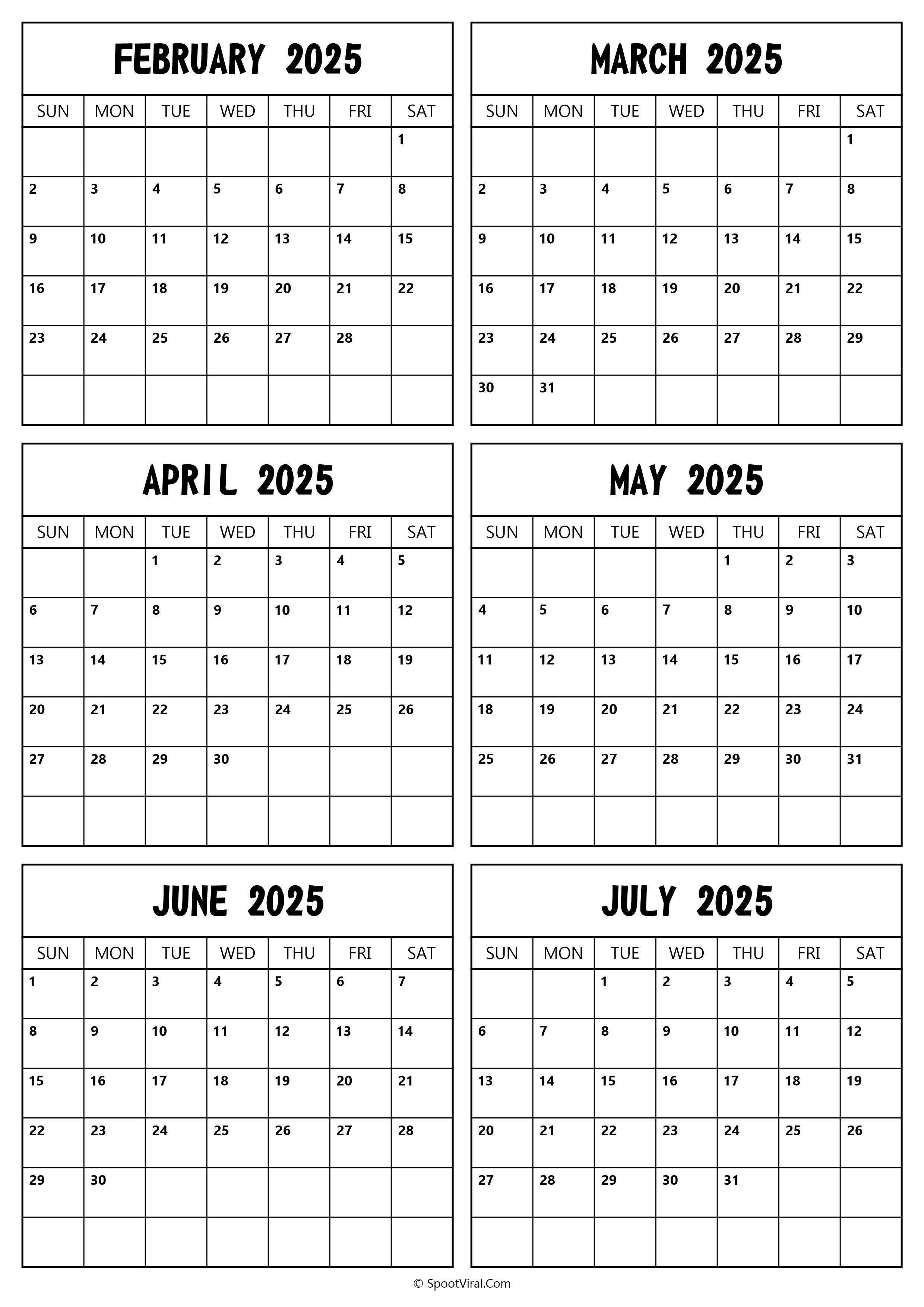 2025 February to July Calendar