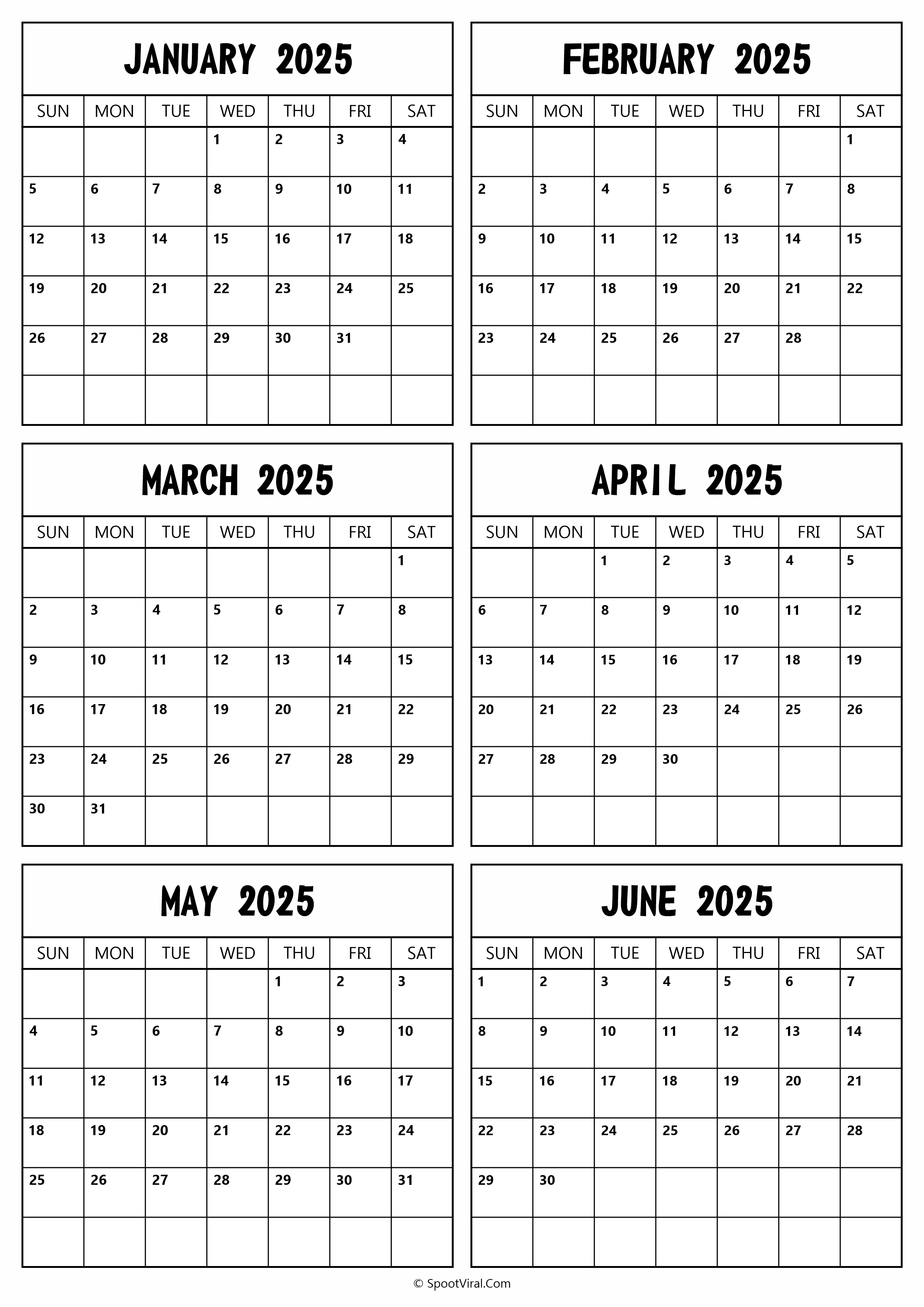 2025 January to June Calendar