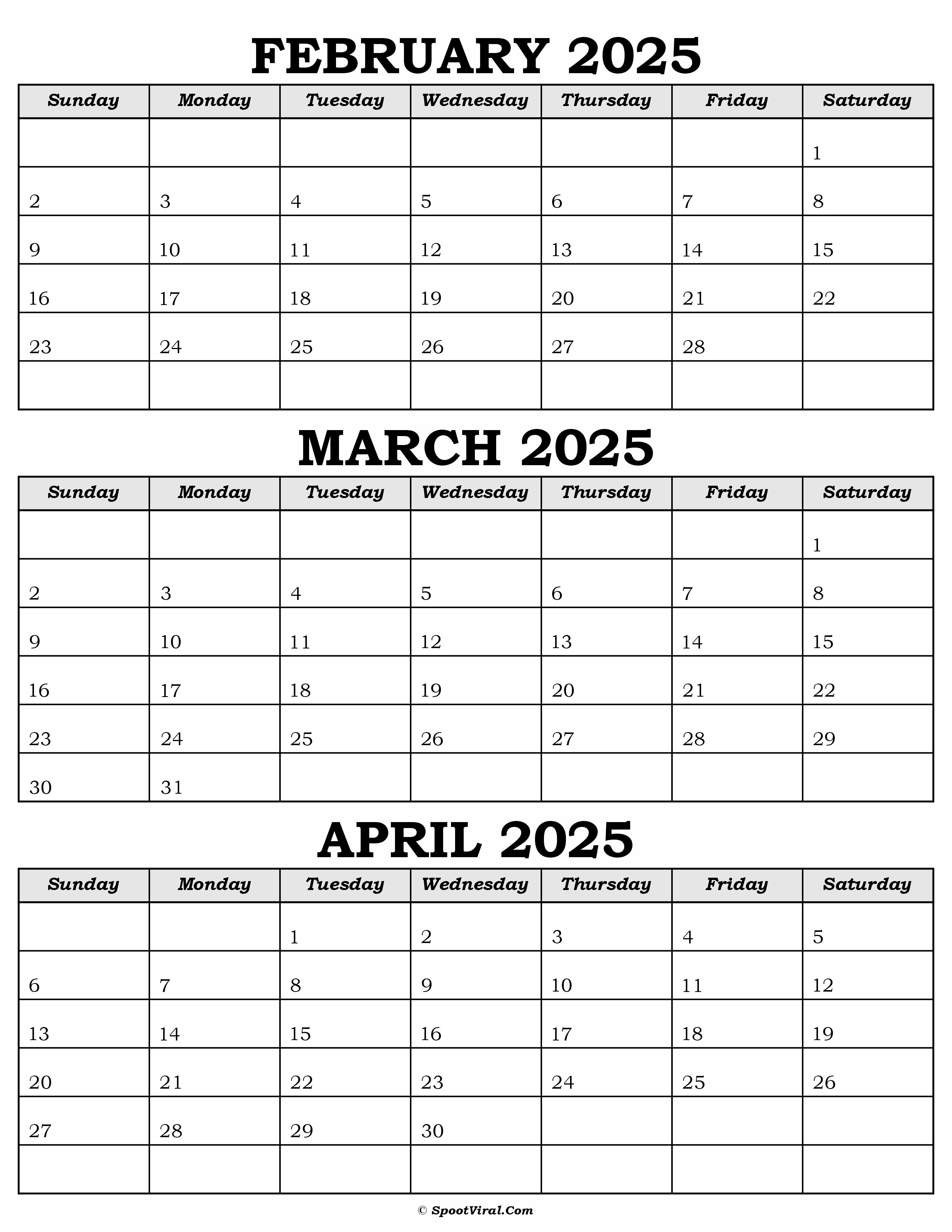 Calendar February March April 2025