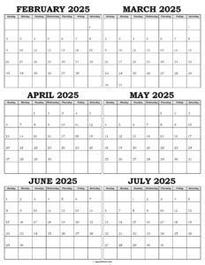 Calendar February to July 2025