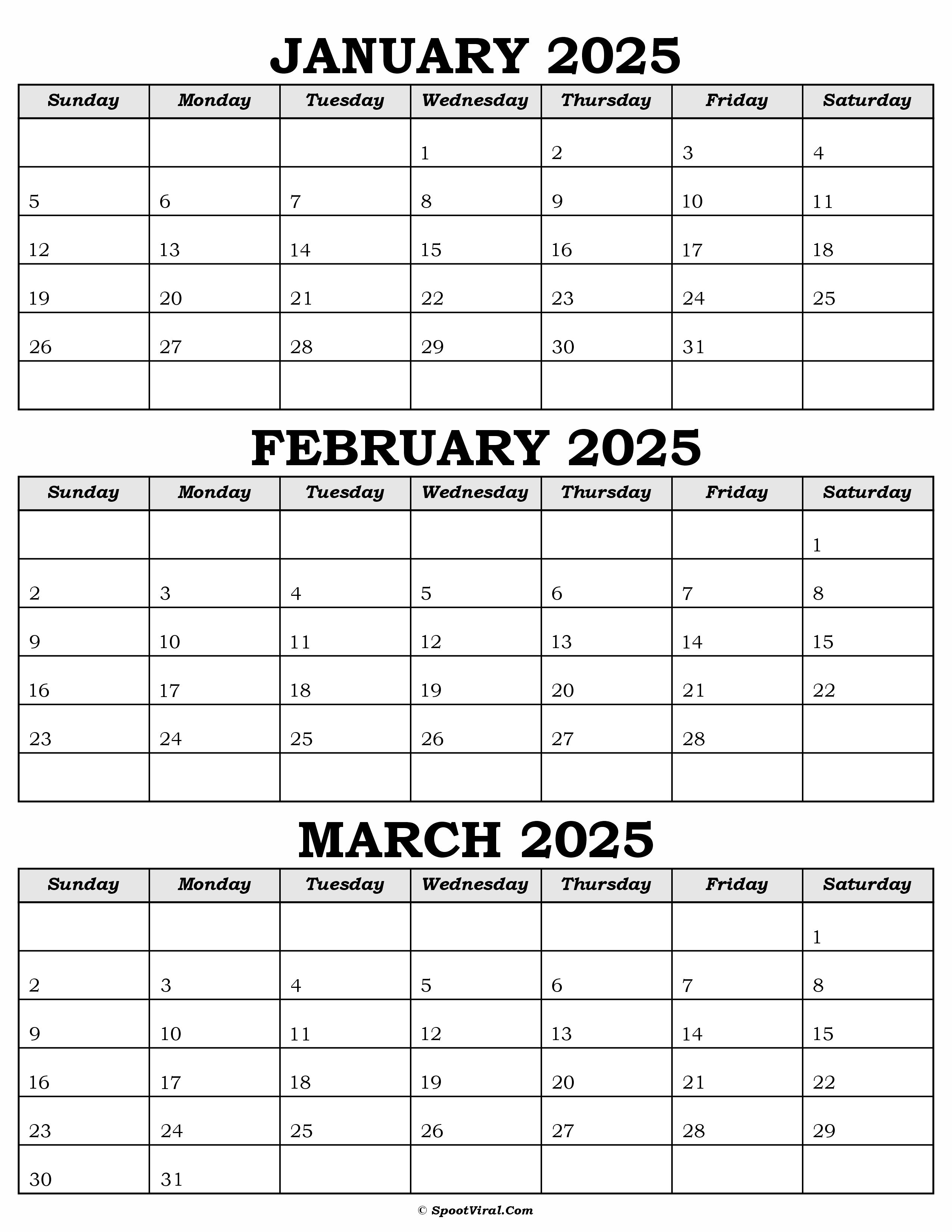 Calendar January February March 2025