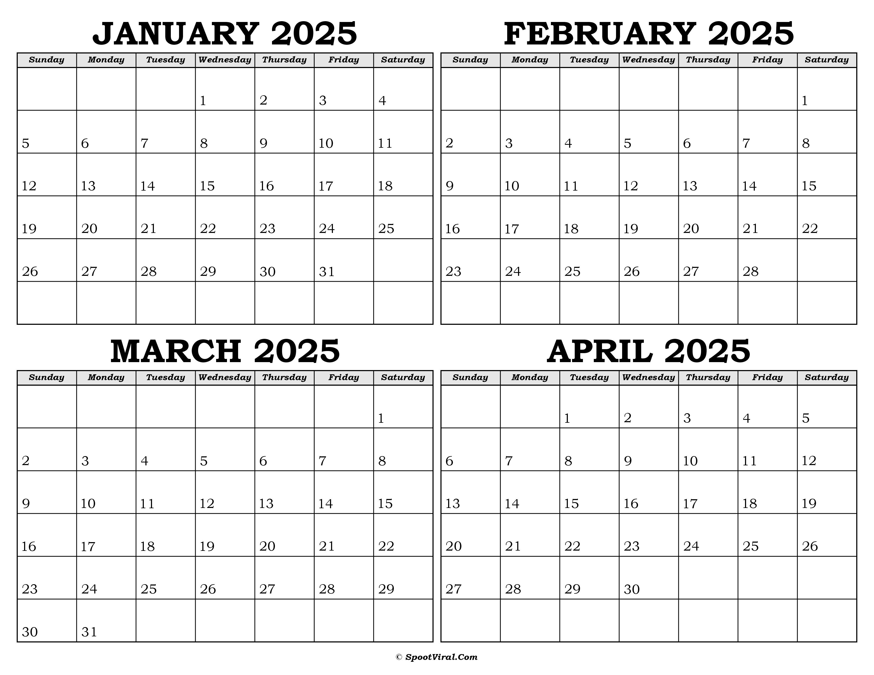 January To April 2025 Calendar Templates SpootViral