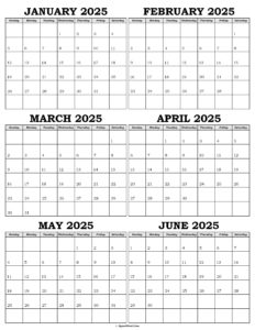 Calendar January to June 2025