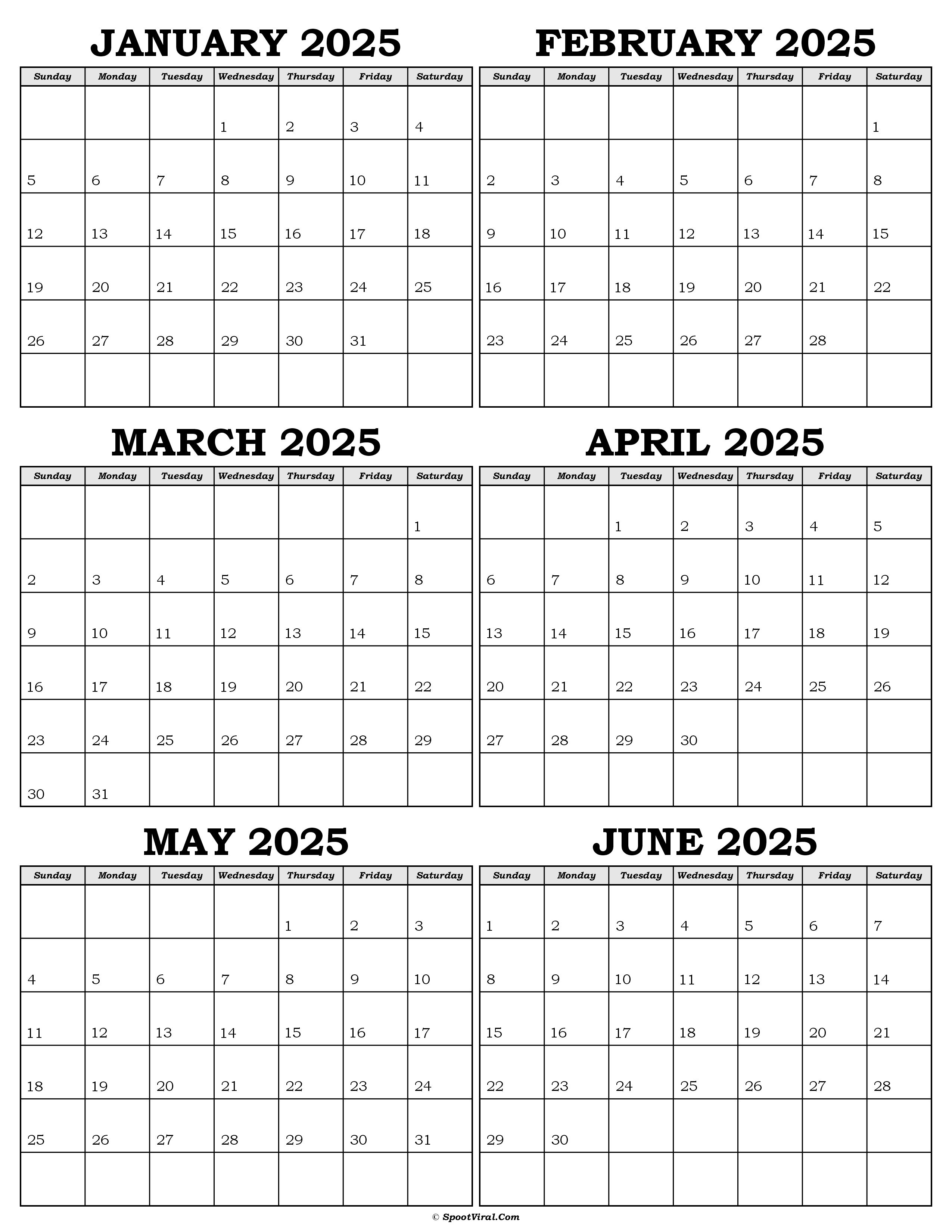 Calendar January to June 2025