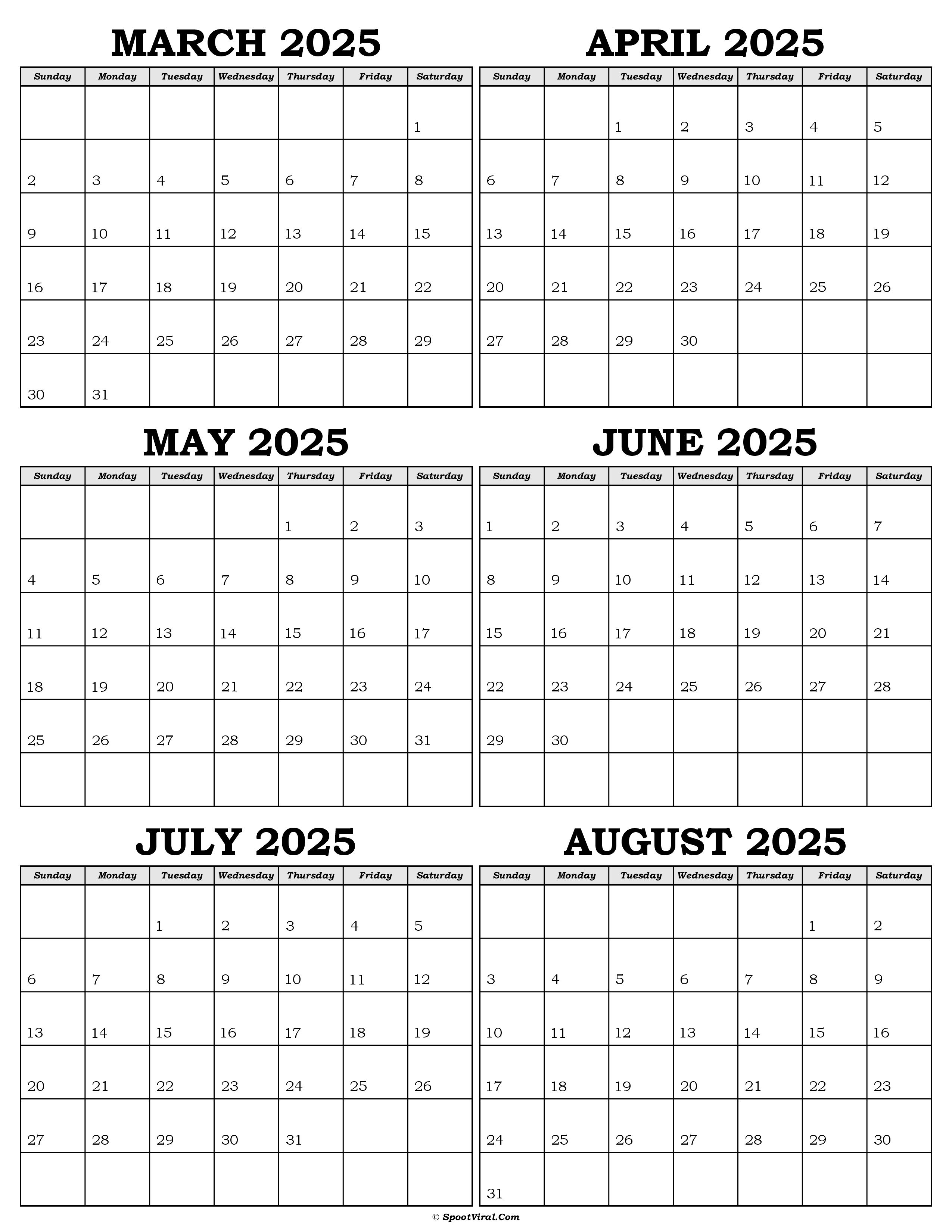 Calendar March to August 2025