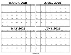 Calendar March to June 2025