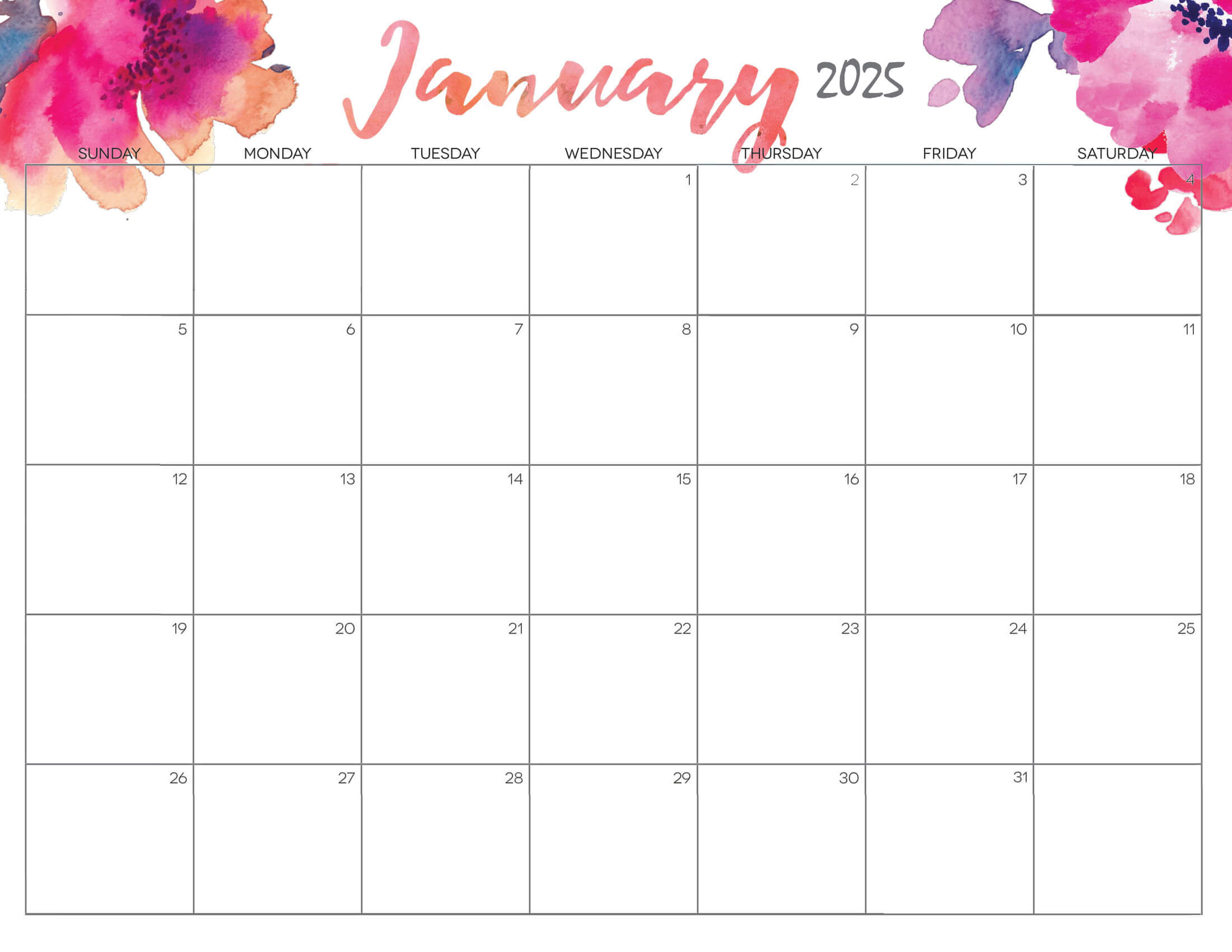 Cute January Calendar 2025 Printable