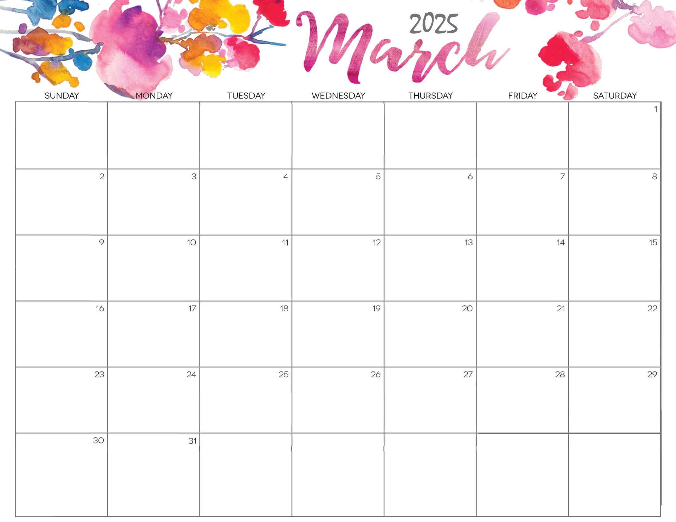 Cute March Calendar 2025 Printable