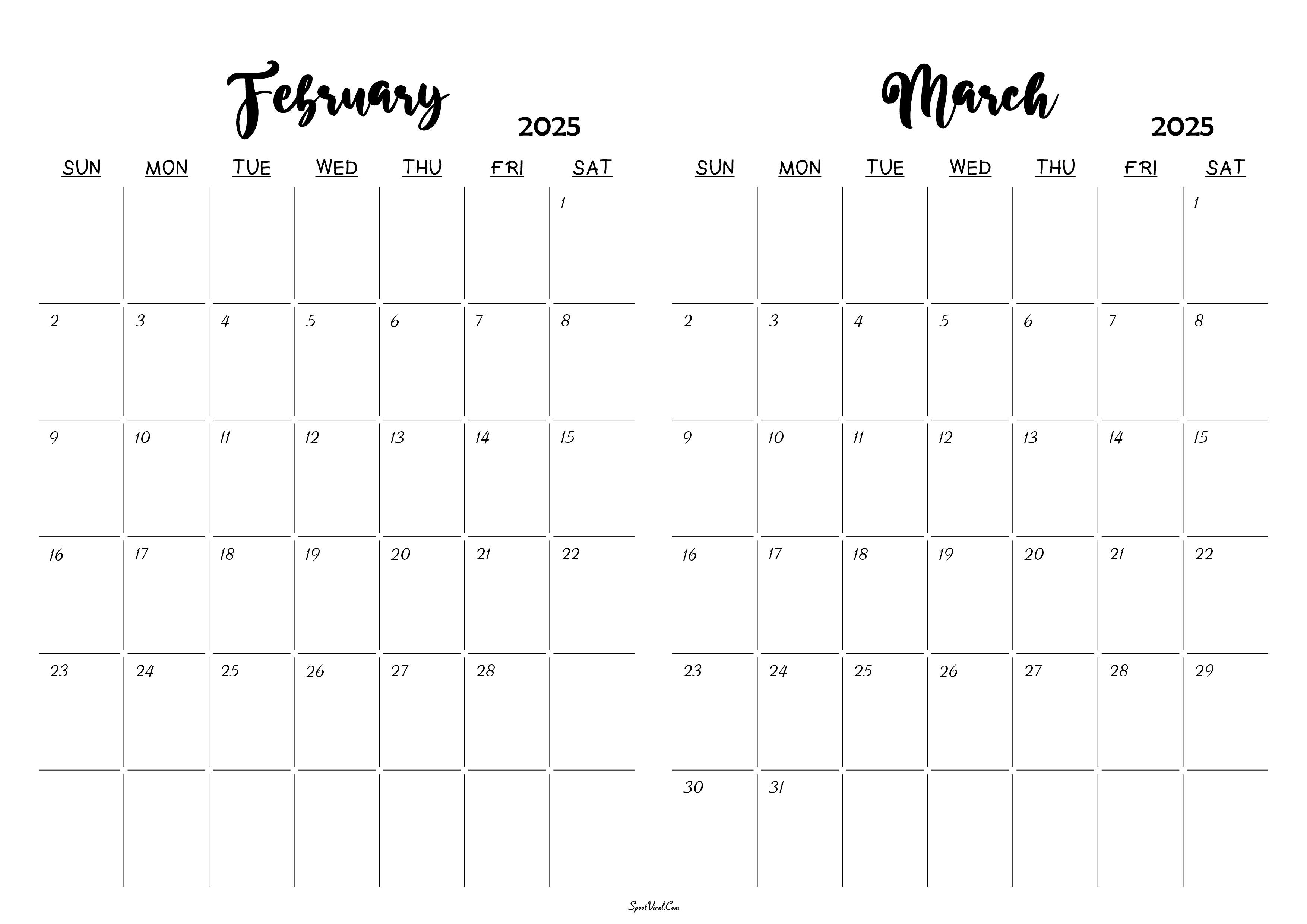 February March 2025 Calendar Templates SpootViral