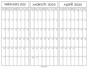 February March and April Calendar 2025