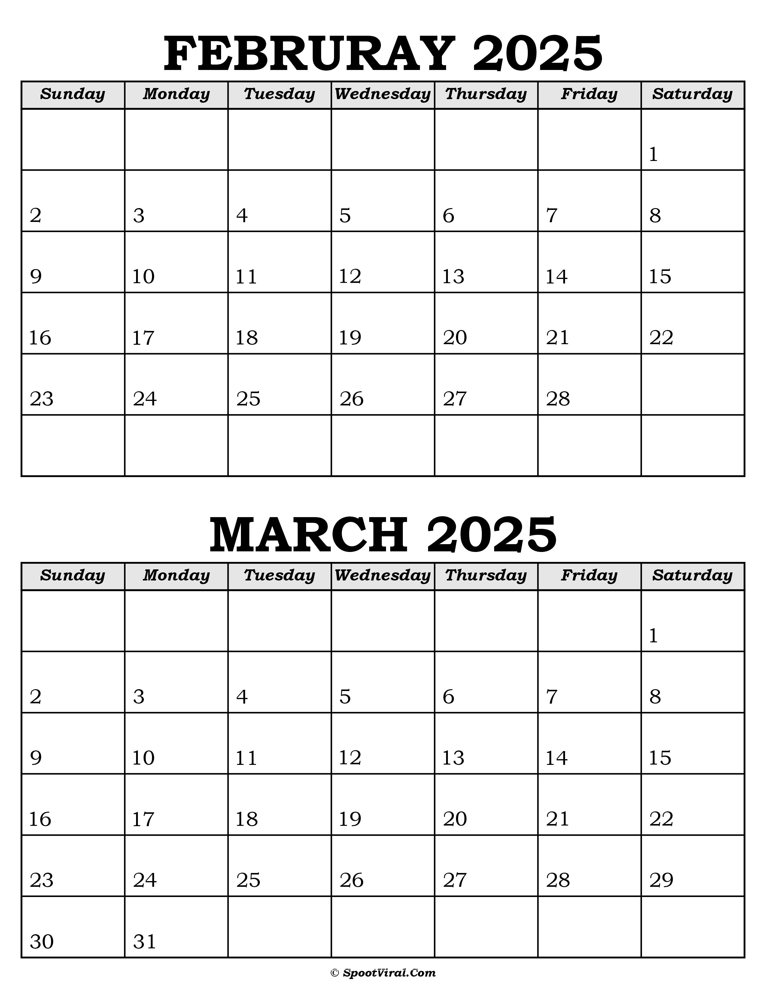 February and March Calendar 2025