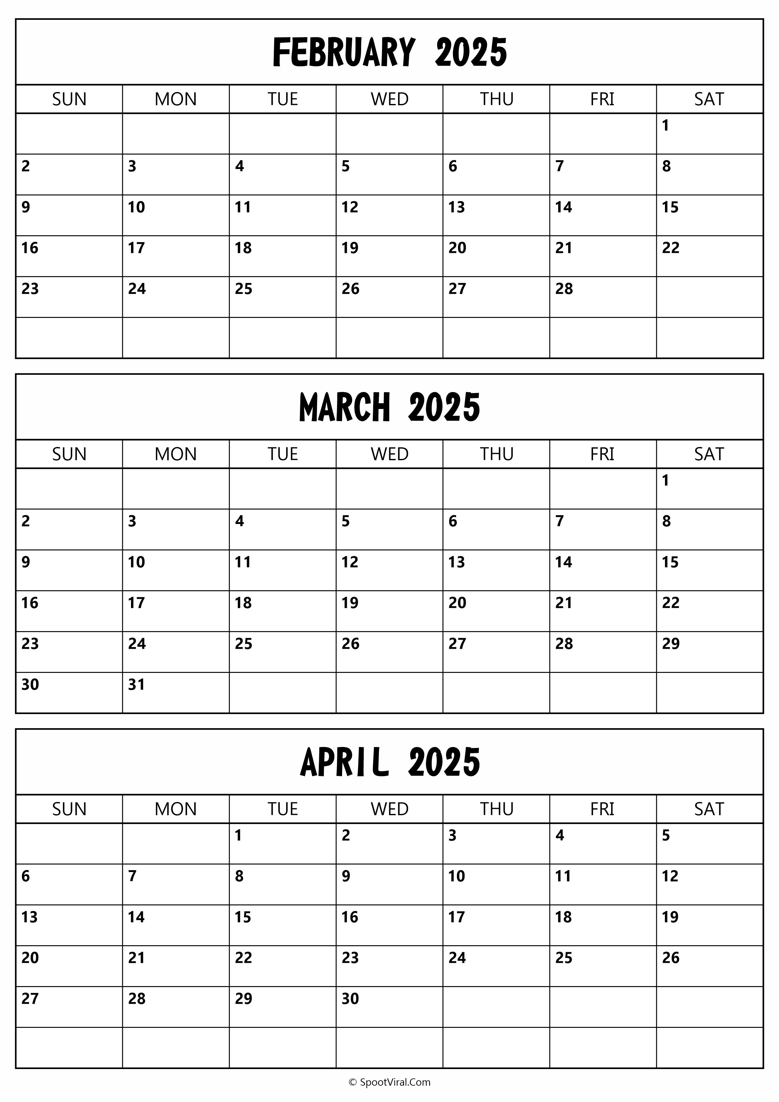 February to April 2025 Calendar