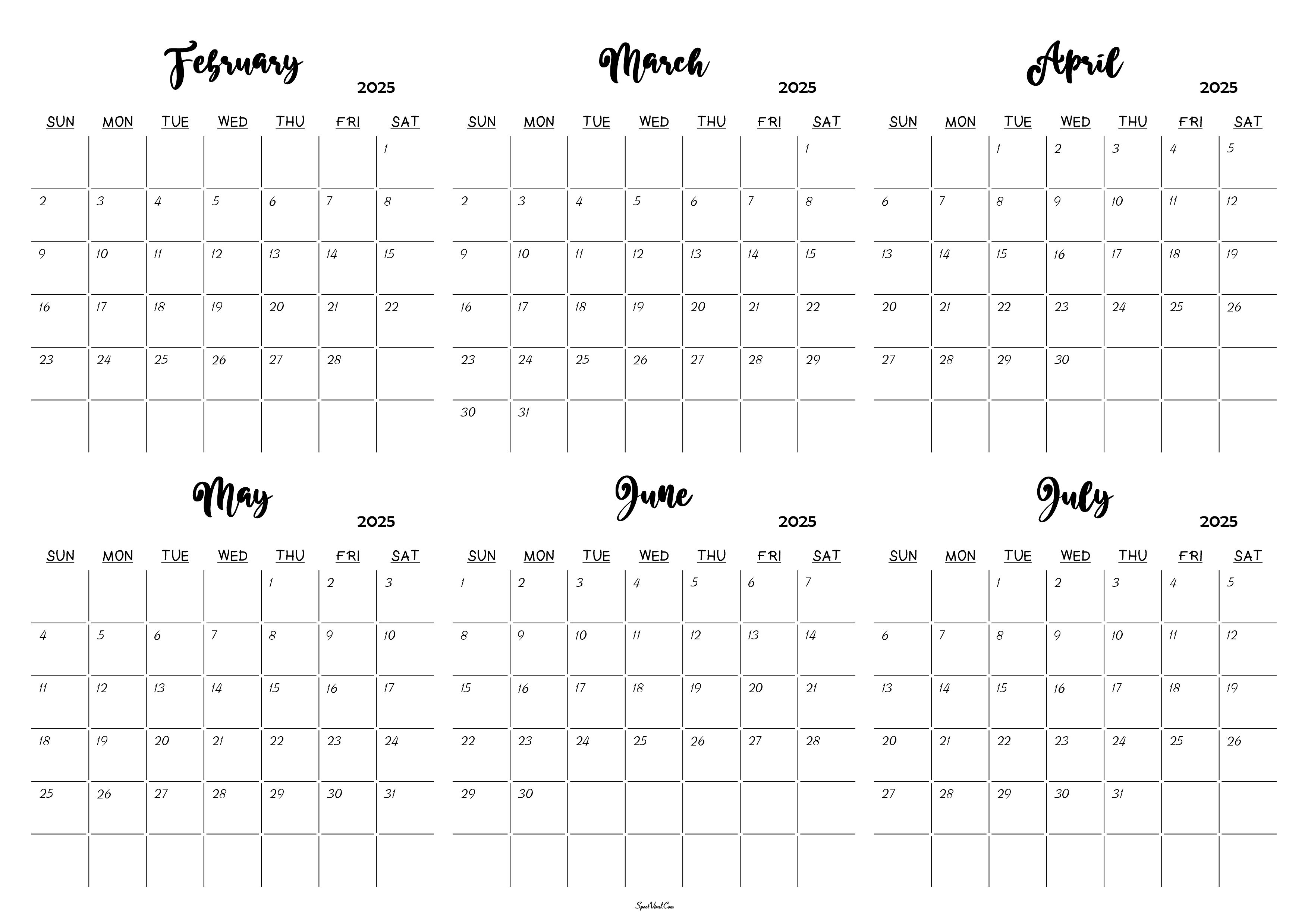 February to July 2025 Calendar