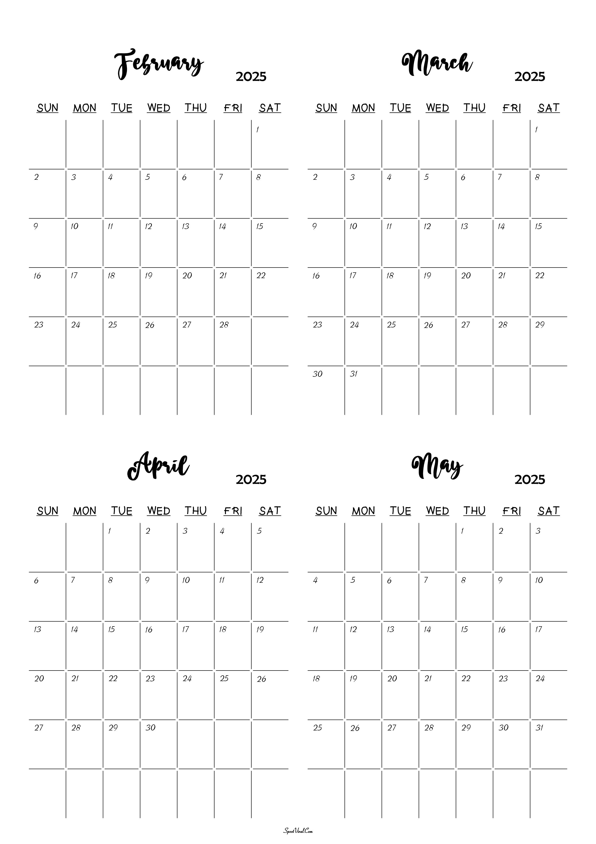 February to May 2025 Calendar