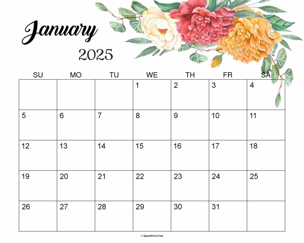 Floral January 2025 Calendar Cute