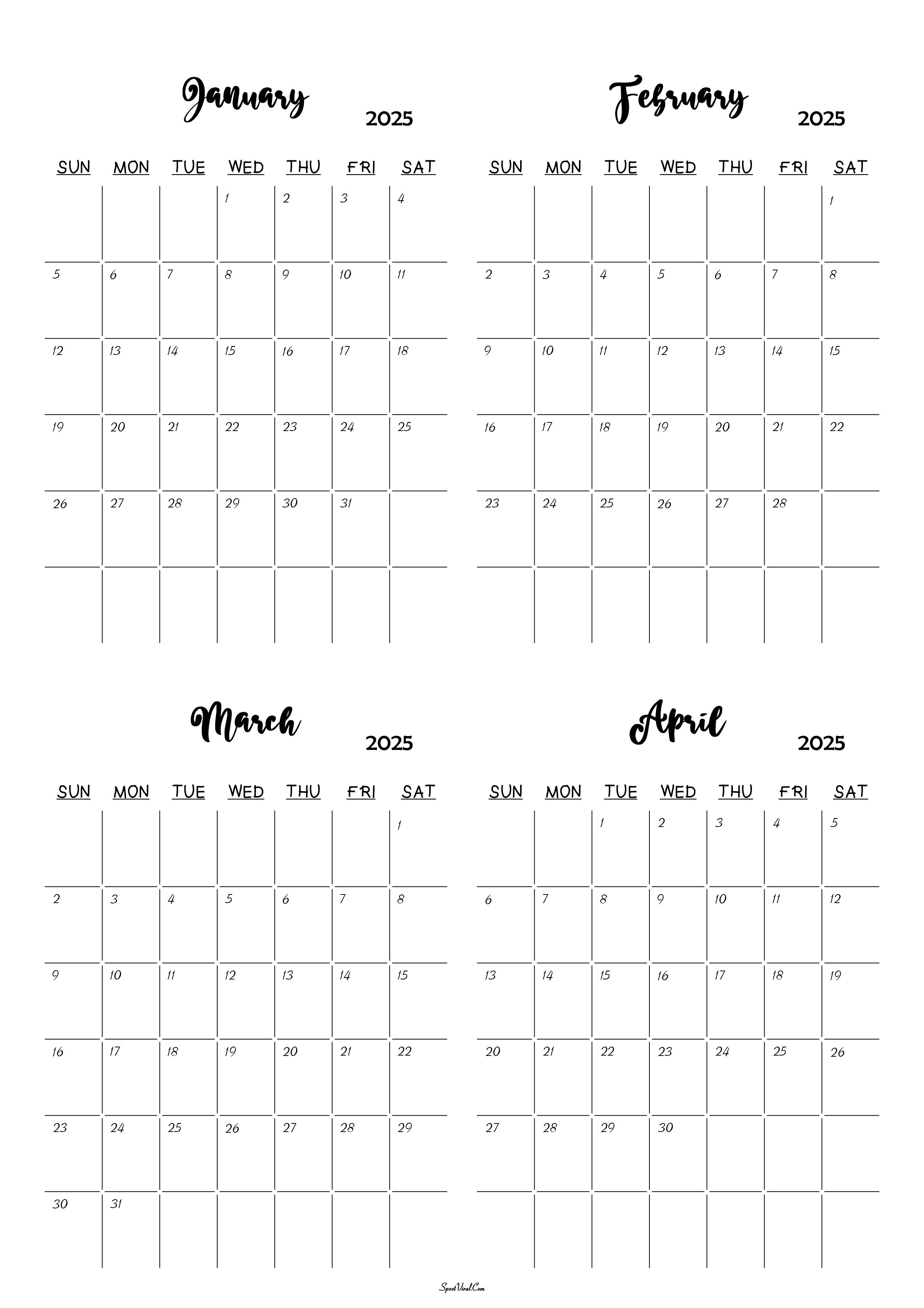 January to April 2025 Calendar