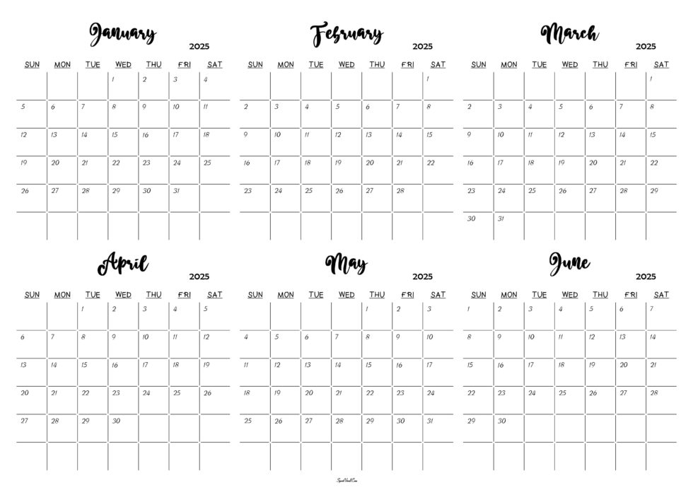 January to June 2025 Calendar Templates SpootViral