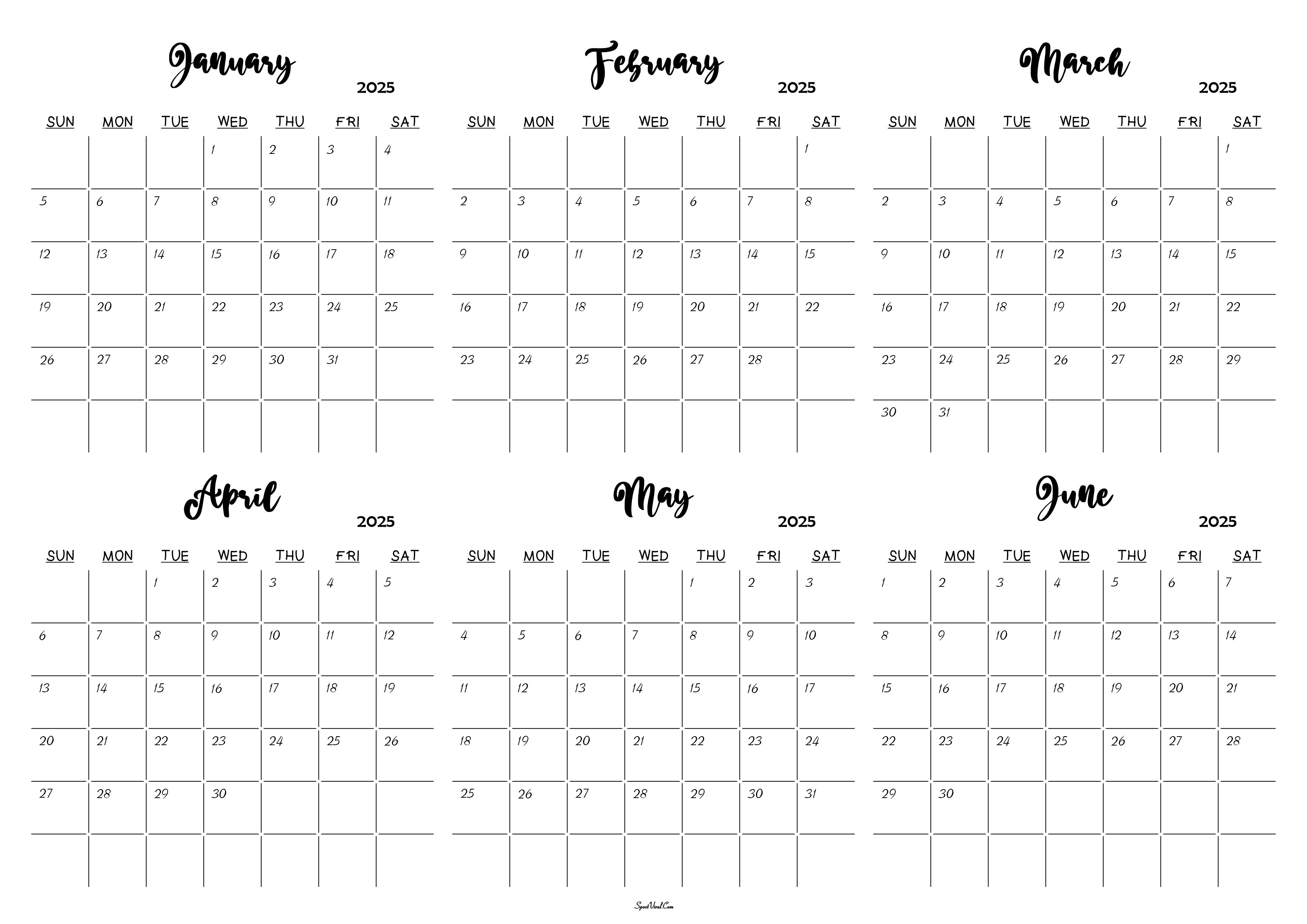 January to June 2025 Calendar