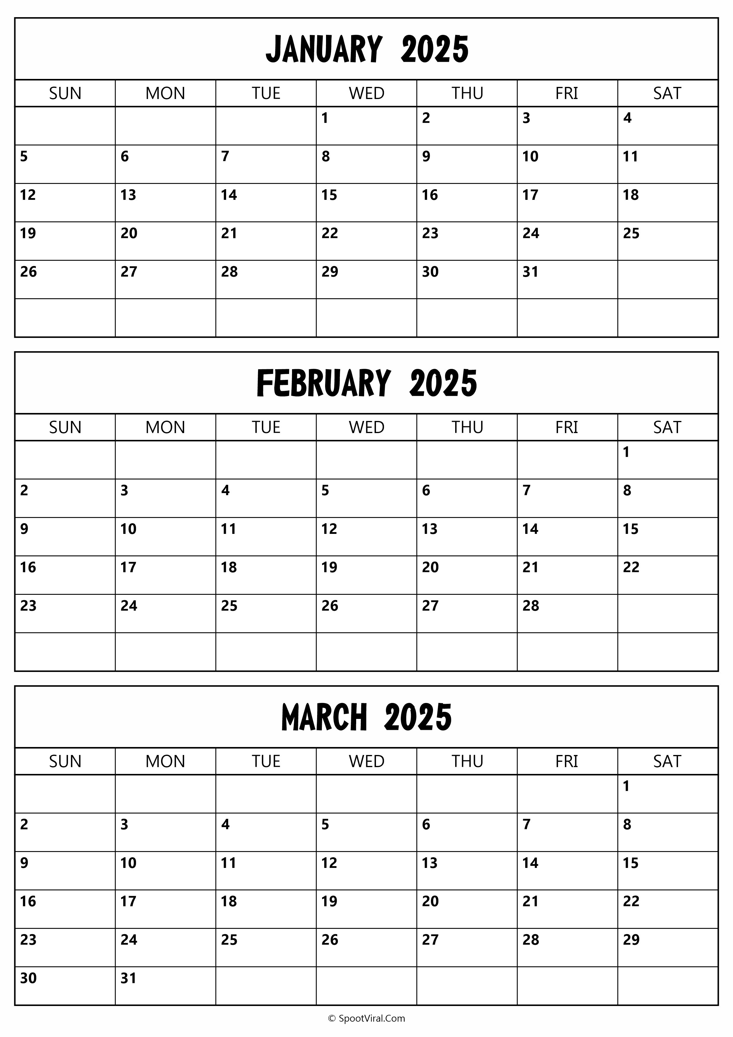 January To March 2025 Calendar Templates - SpootViral