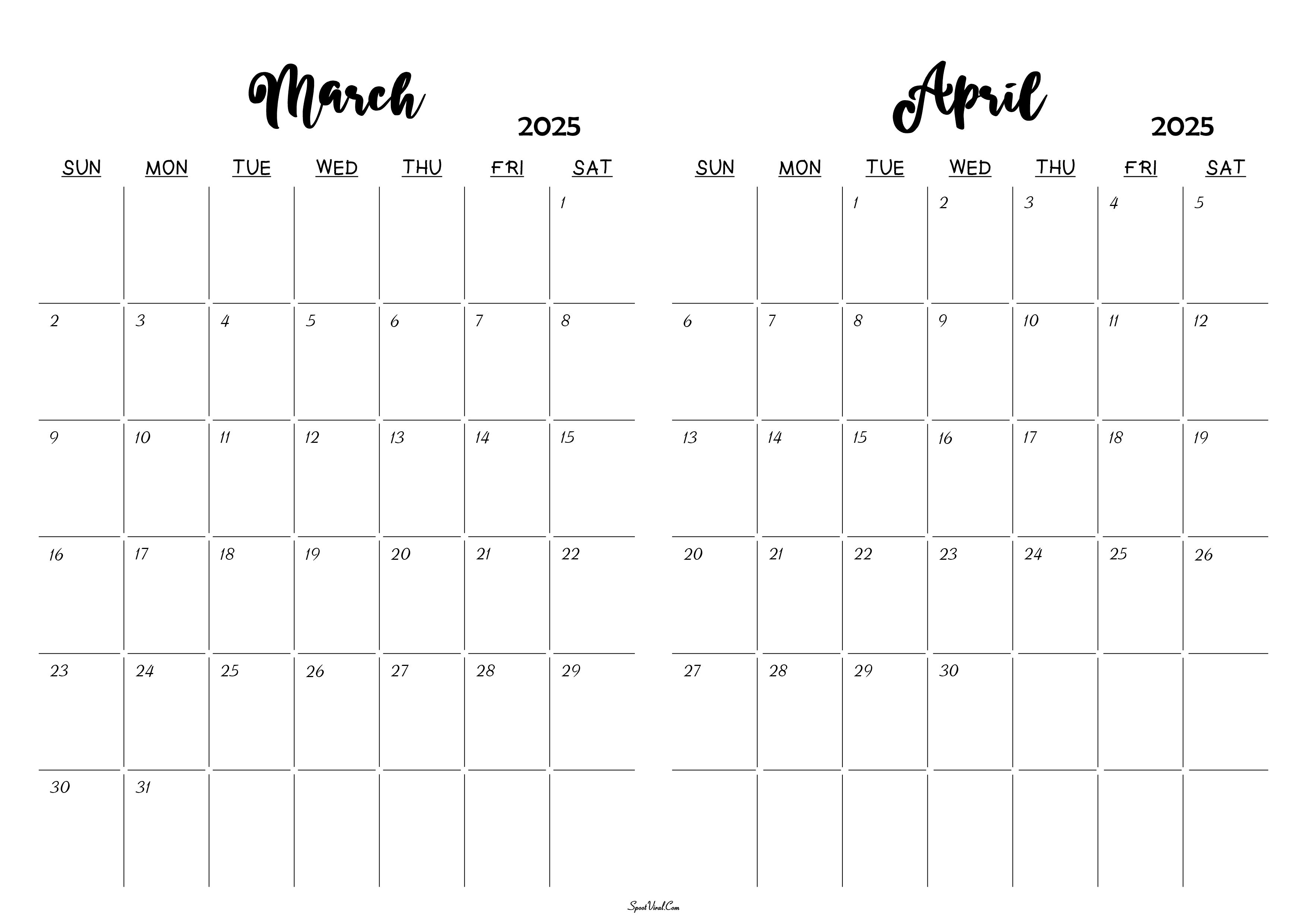 March April 2025 Calendar Templates SpootViral