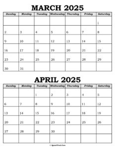 March and April Calendar 2025