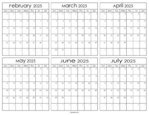 Printable February to July Calendar 2025