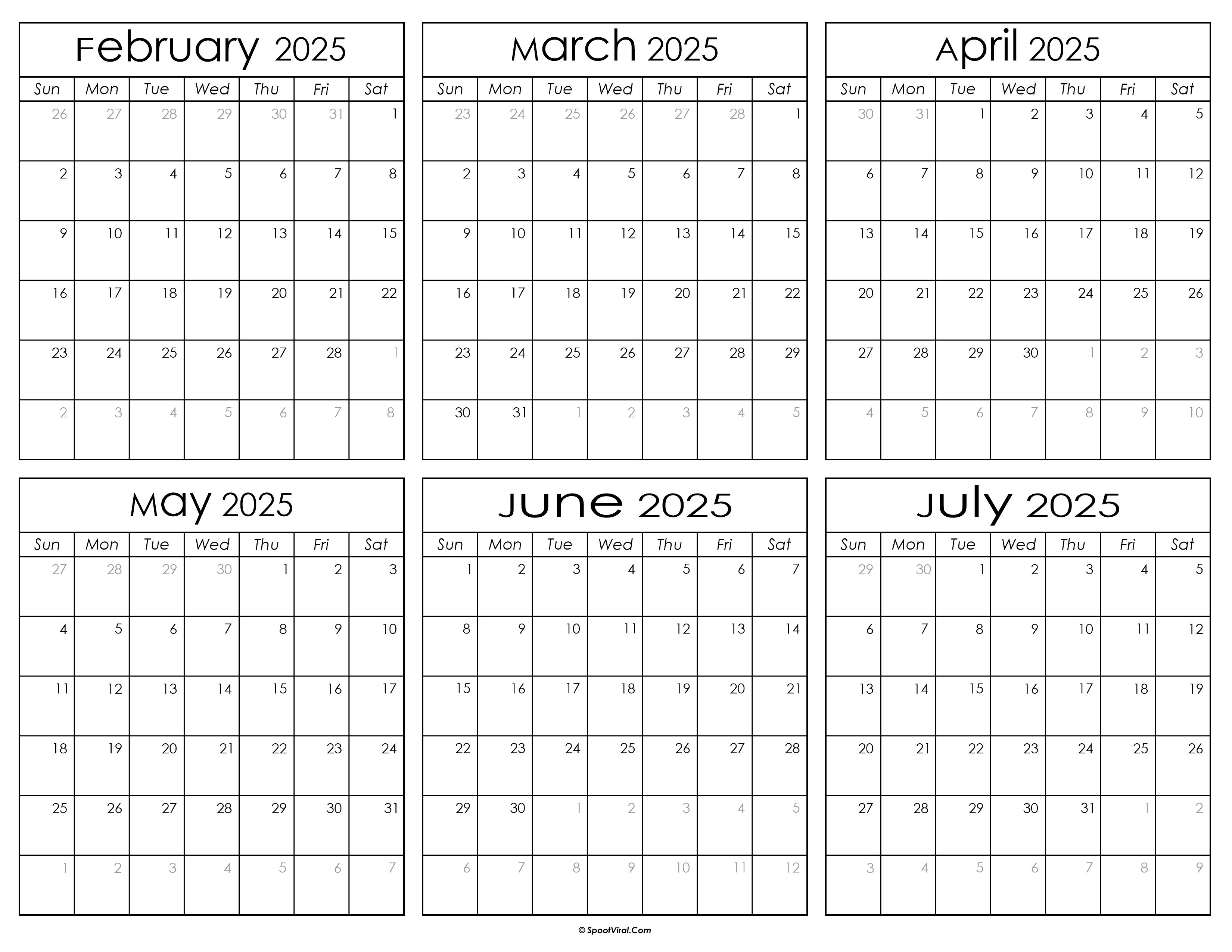 Printable February to July Calendar 2025